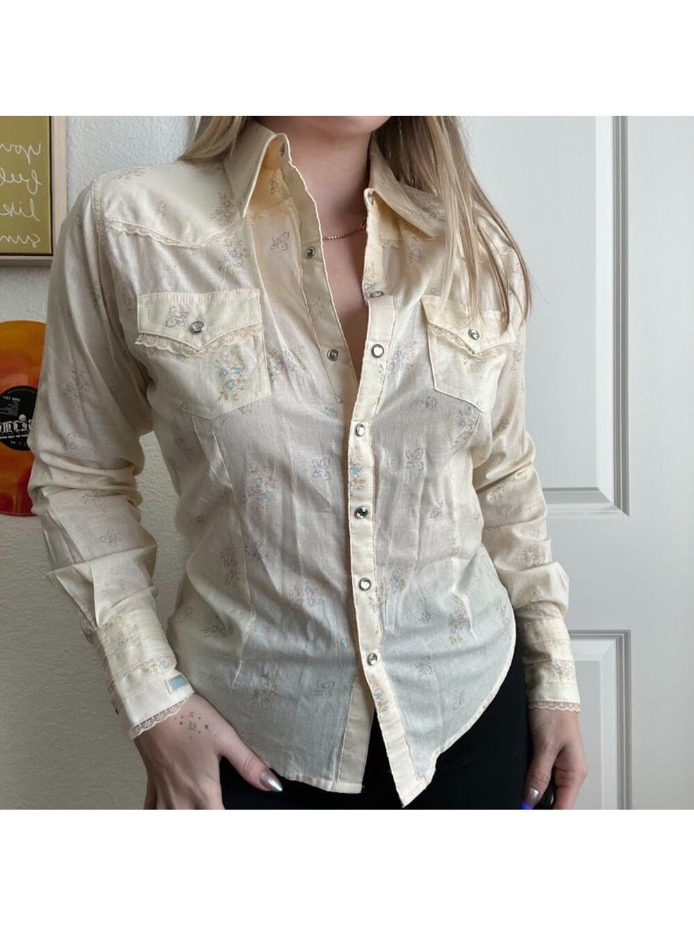 Vintage Wrangler Twenty X Pastel Floral Lace Trim Western Button Up Sz S